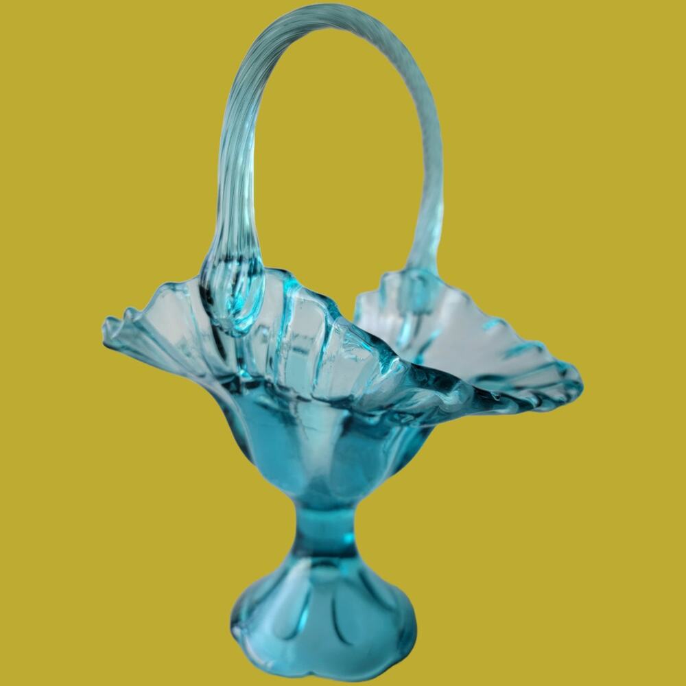 Vintage 1960s Ice Blue Blown Glass Handled Basket by Fenton
